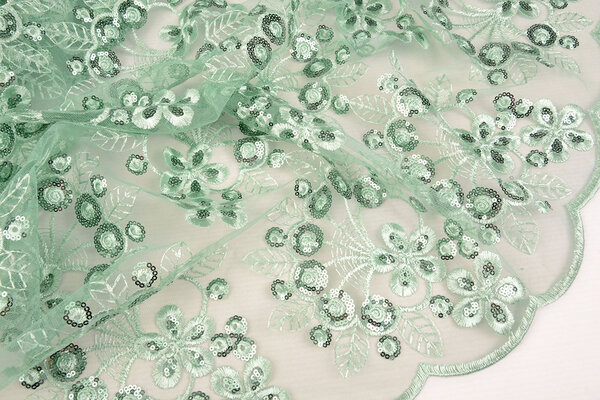Mesh Ricamato Paillettes Rosetta Menta Antica Verde Mesh Ricamato Paillettes Rosetta Menta Antica Verde