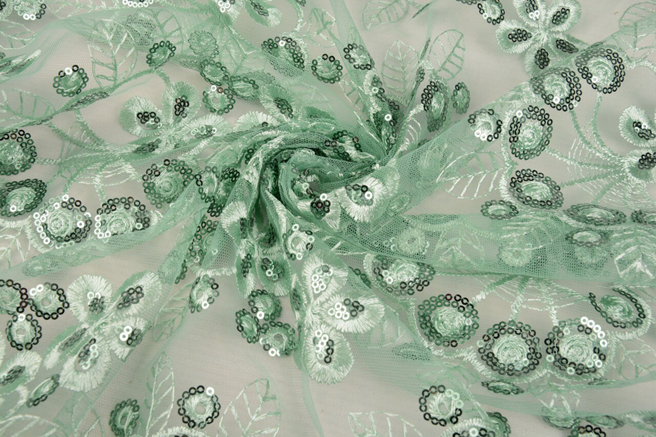 Mesh Ricamato Paillettes Rosetta Menta Antica Verde Mesh Ricamato Paillettes Rosetta Menta Antica Verde