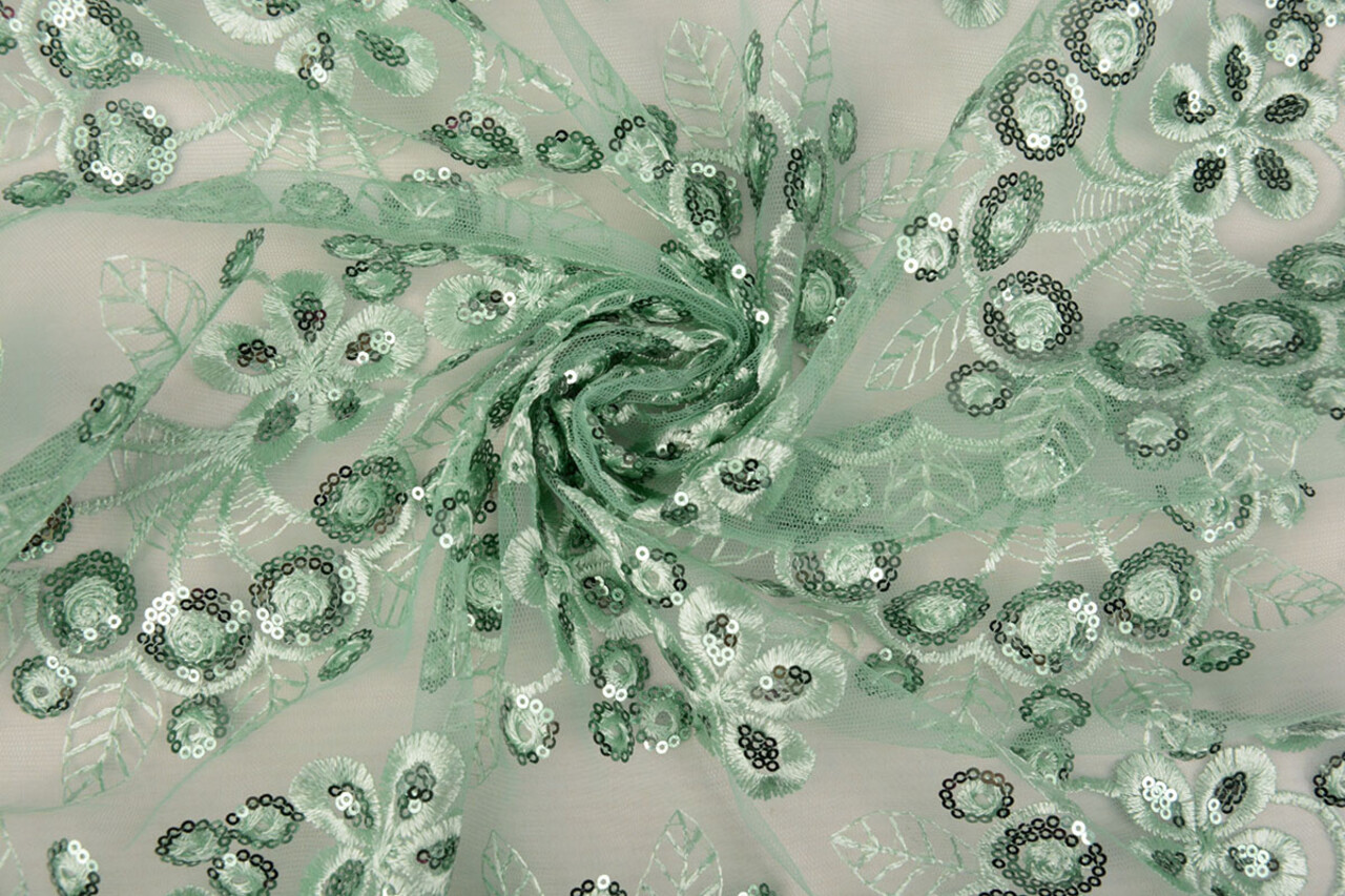 Mesh Ricamato Paillettes Rosetta Menta Antica Verde Mesh Ricamato Paillettes Rosetta Menta Antica Verde