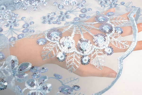 Mesh Ricamato Paillettes Rosetta Blu Denim Chiaro