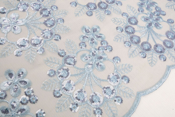 Mesh Ricamato Paillettes Rosetta Blu Denim Chiaro