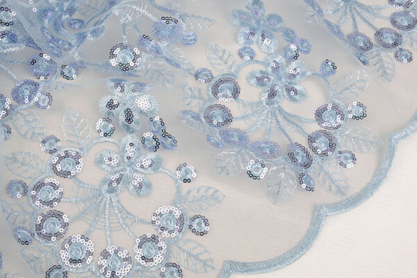 Mesh Ricamato Paillettes Rosetta Blu Denim Chiaro