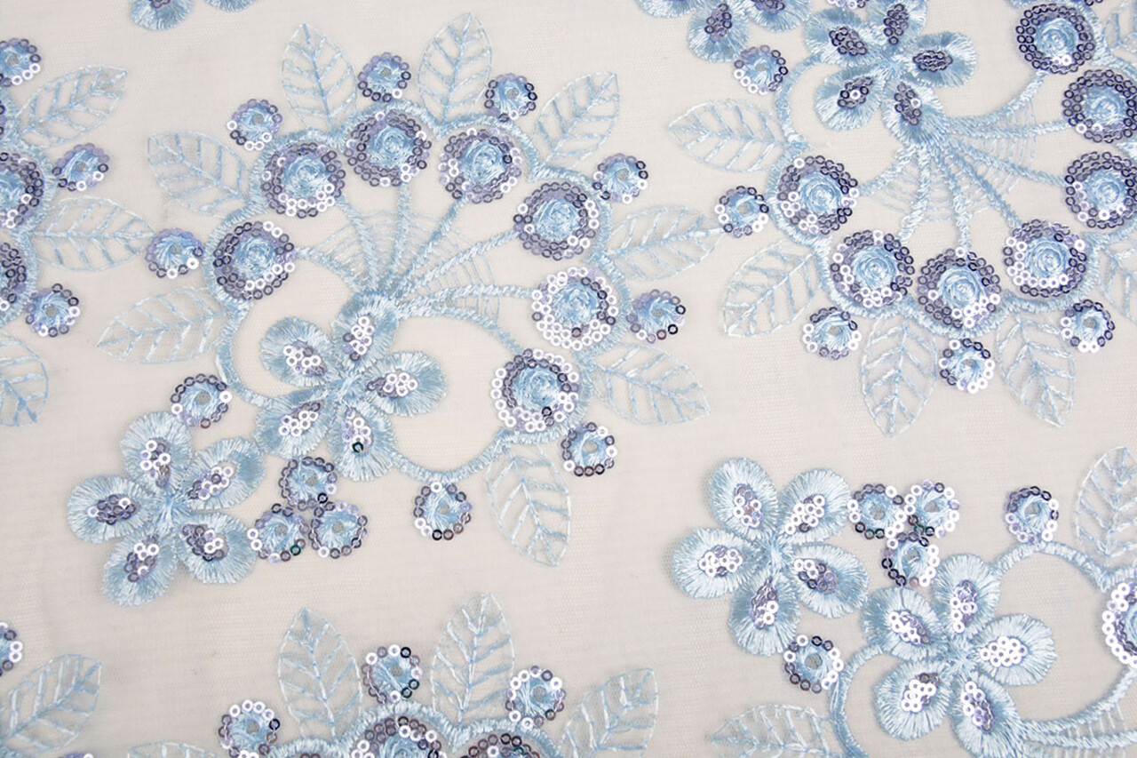 Mesh Ricamato Paillettes Rosetta Blu Denim Chiaro