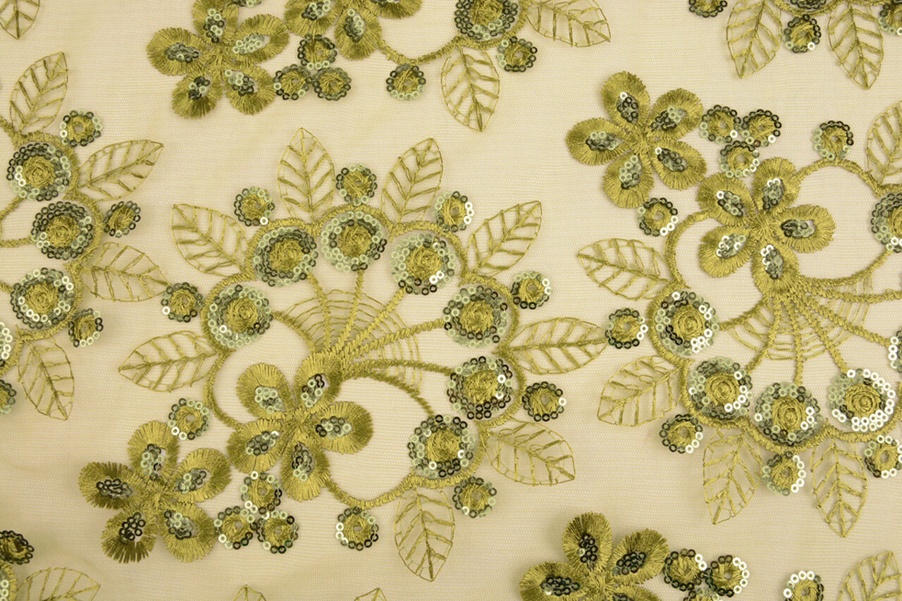 Mesh Ricamato Paillettes Rosetta Verde Muschio Mesh Ricamato Paillettes Rosetta Verde Muschio