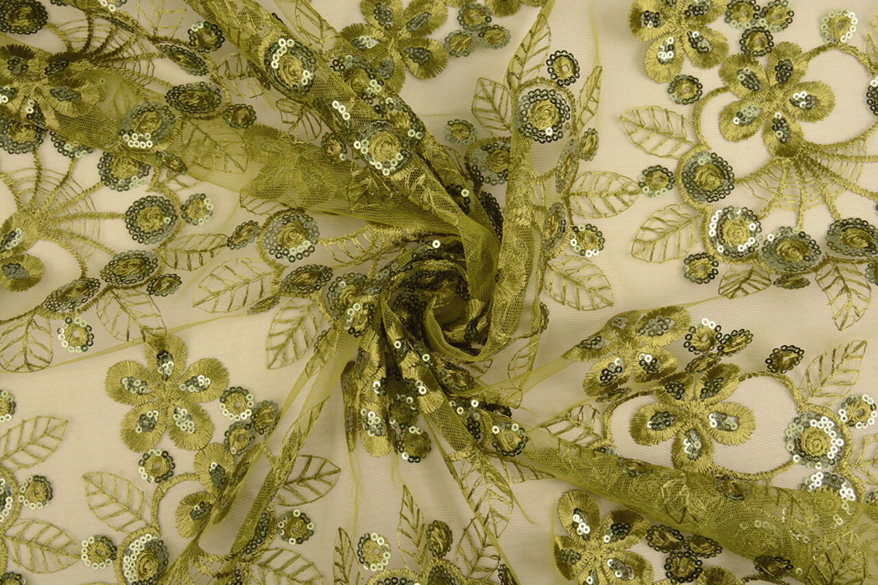 Mesh Ricamato Paillettes Rosetta Verde Muschio Mesh Ricamato Paillettes Rosetta Verde Muschio