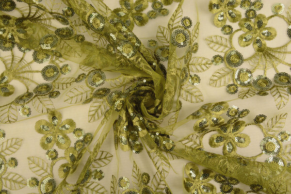 Mesh Ricamato Paillettes Rosetta Verde Muschio Mesh Ricamato Paillettes Rosetta Verde Muschio