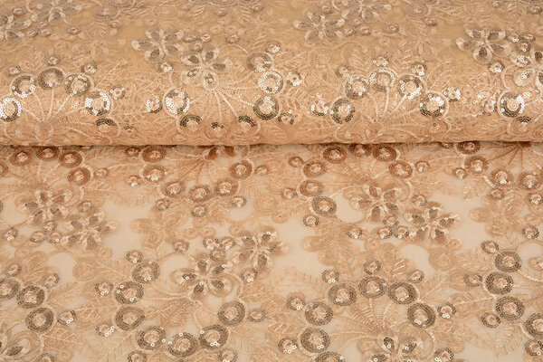 Netz Bestickt Pailletten Rosetta Champagne Beige
