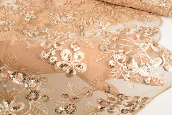 Malla Bordada con Lentejuelas Rosetta Champán Beige Malla Bordada con Lentejuelas Rosetta Champán Beige