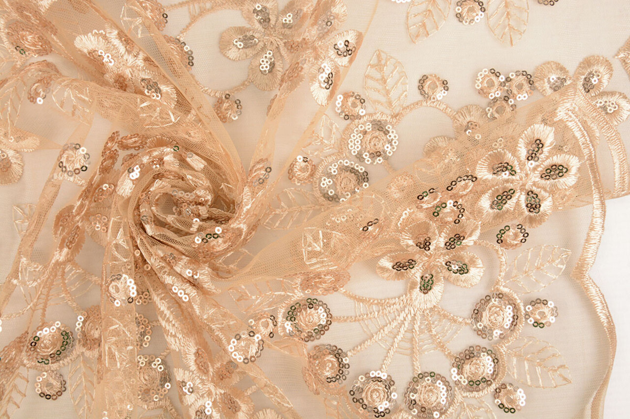 Netz Bestickt Pailletten Rosetta Champagne Beige