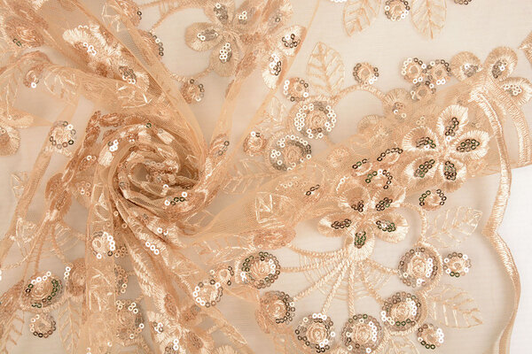 Résille Brodé Paillettes Rosetta Champagne Beige