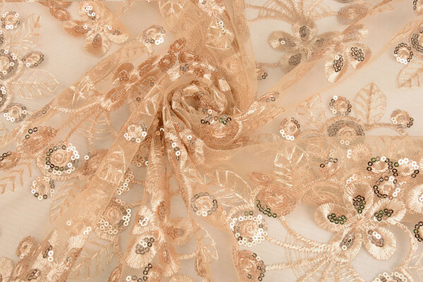 Netz Bestickt Pailletten Rosetta Champagne Beige