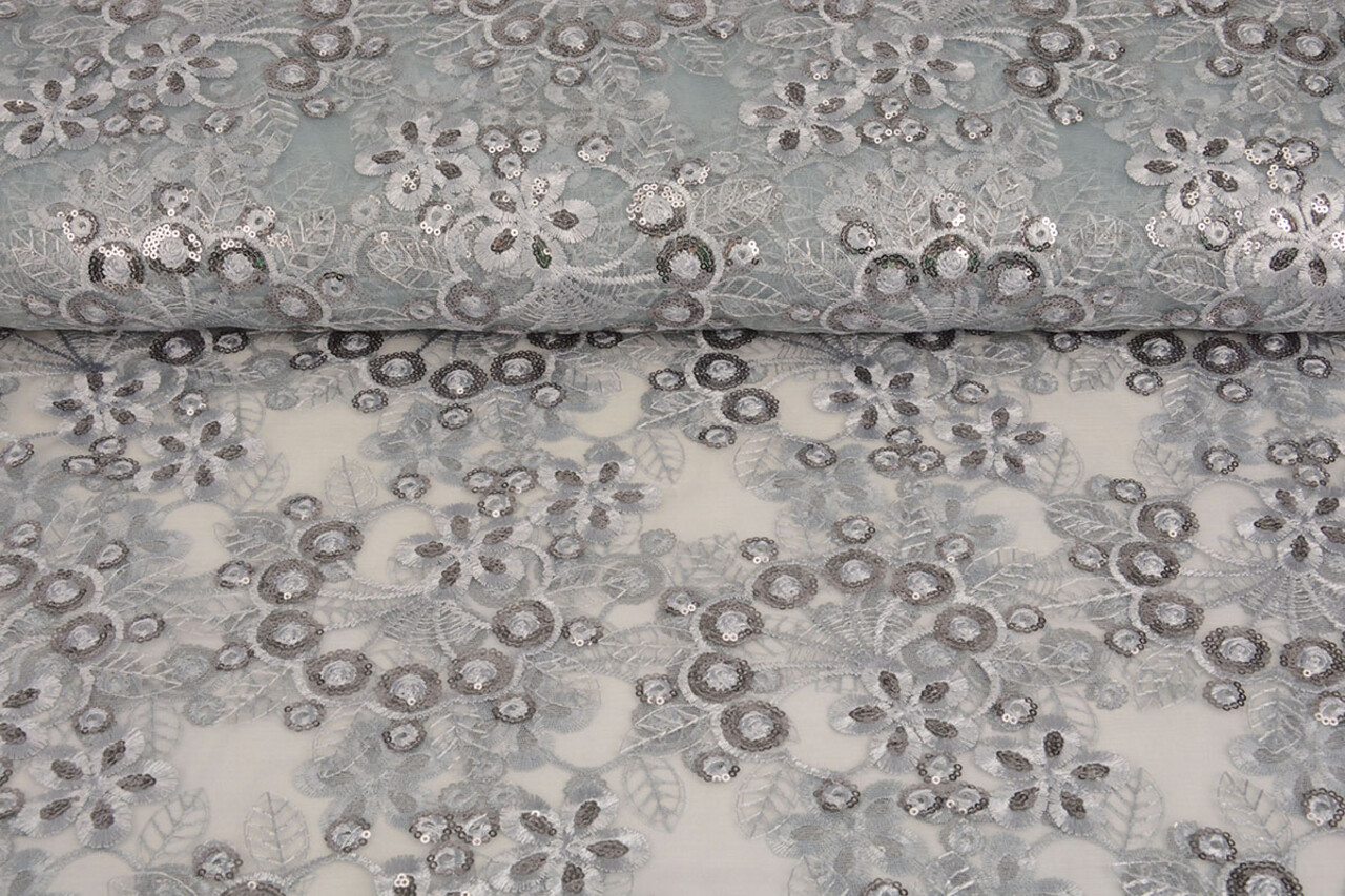 Mesh Ricamato Paillettes Rosetta Grigio Mesh Ricamato Paillettes Rosetta Grigio