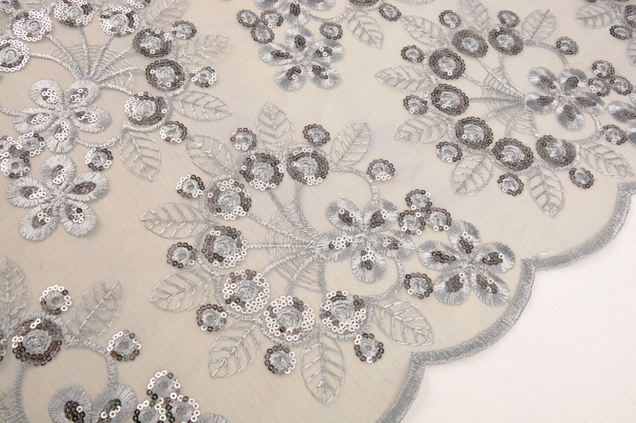 Mesh Ricamato Paillettes Rosetta Grigio Mesh Ricamato Paillettes Rosetta Grigio