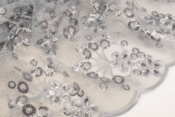 Mesh Ricamato Paillettes Rosetta Grigio Mesh Ricamato Paillettes Rosetta Grigio