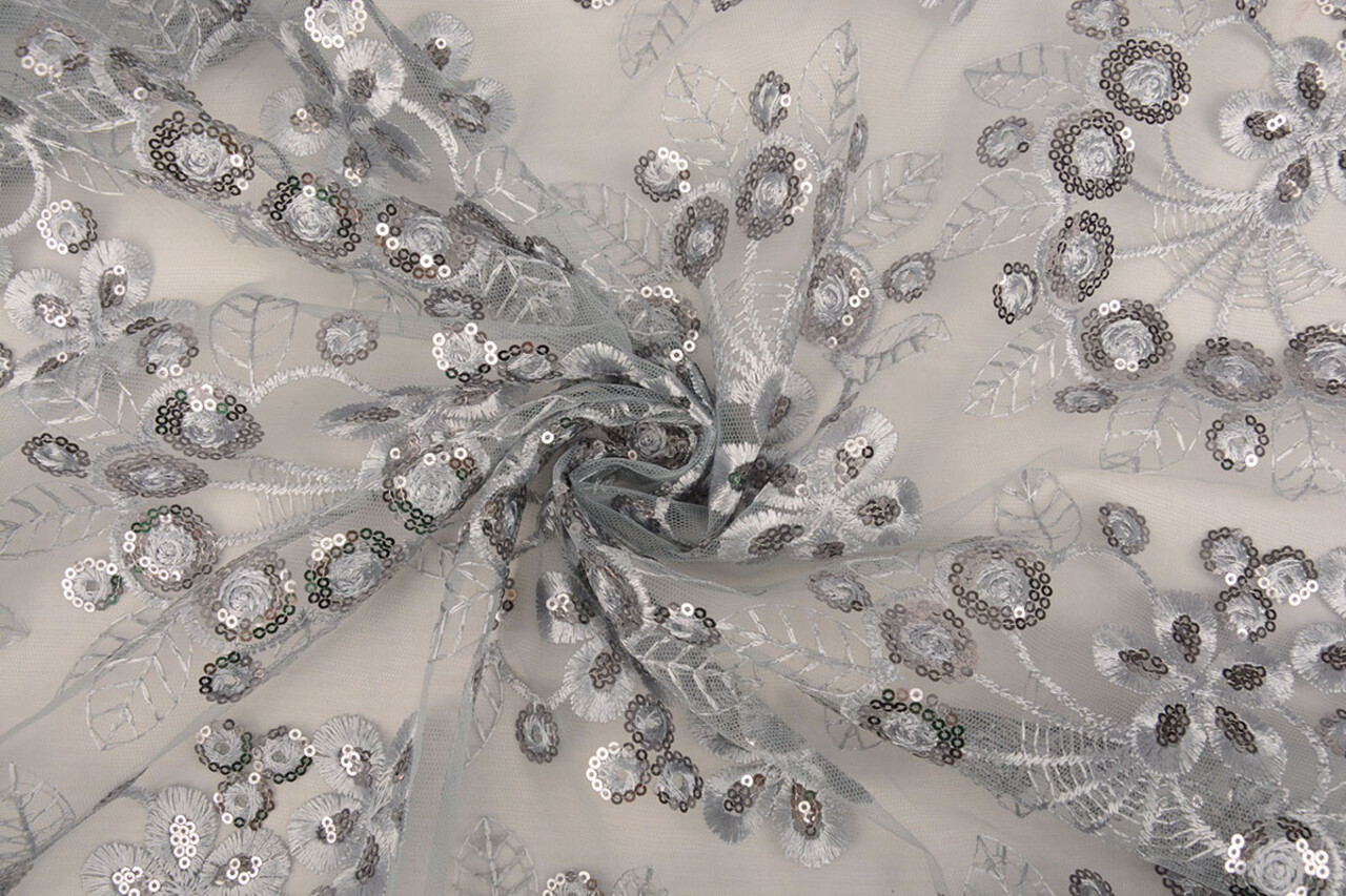 Mesh Ricamato Paillettes Rosetta Grigio Mesh Ricamato Paillettes Rosetta Grigio