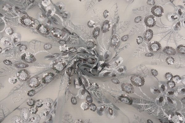 Mesh Ricamato Paillettes Rosetta Grigio Mesh Ricamato Paillettes Rosetta Grigio