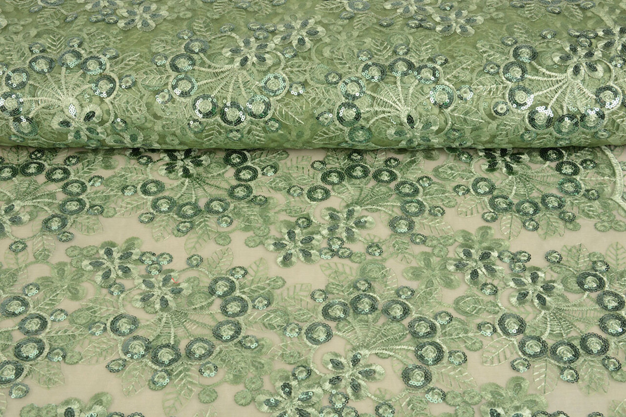 Malla Bordada con Lentejuelas Rosetta Verde Antiguo Malla Bordada con Lentejuelas Rosetta Verde Antiguo