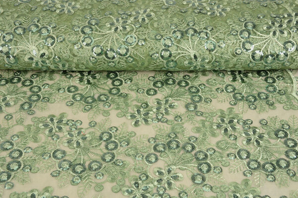 Mesh Geborduurd Pailletten Rosetta Oud Groen Mesh Geborduurd Pailletten Rosetta Oud Groen
