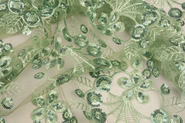 Mesh Ricamato Paillettes Rosetta Verde Antico