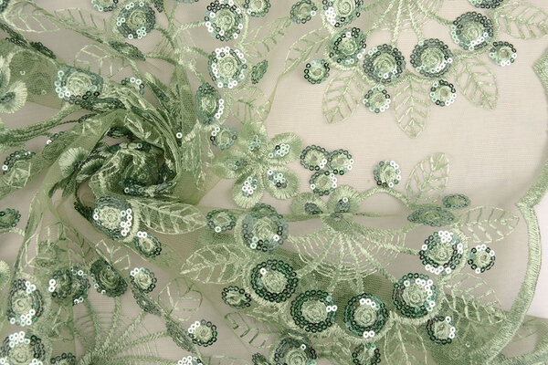 Malla Bordada con Lentejuelas Rosetta Verde Antiguo Malla Bordada con Lentejuelas Rosetta Verde Antiguo