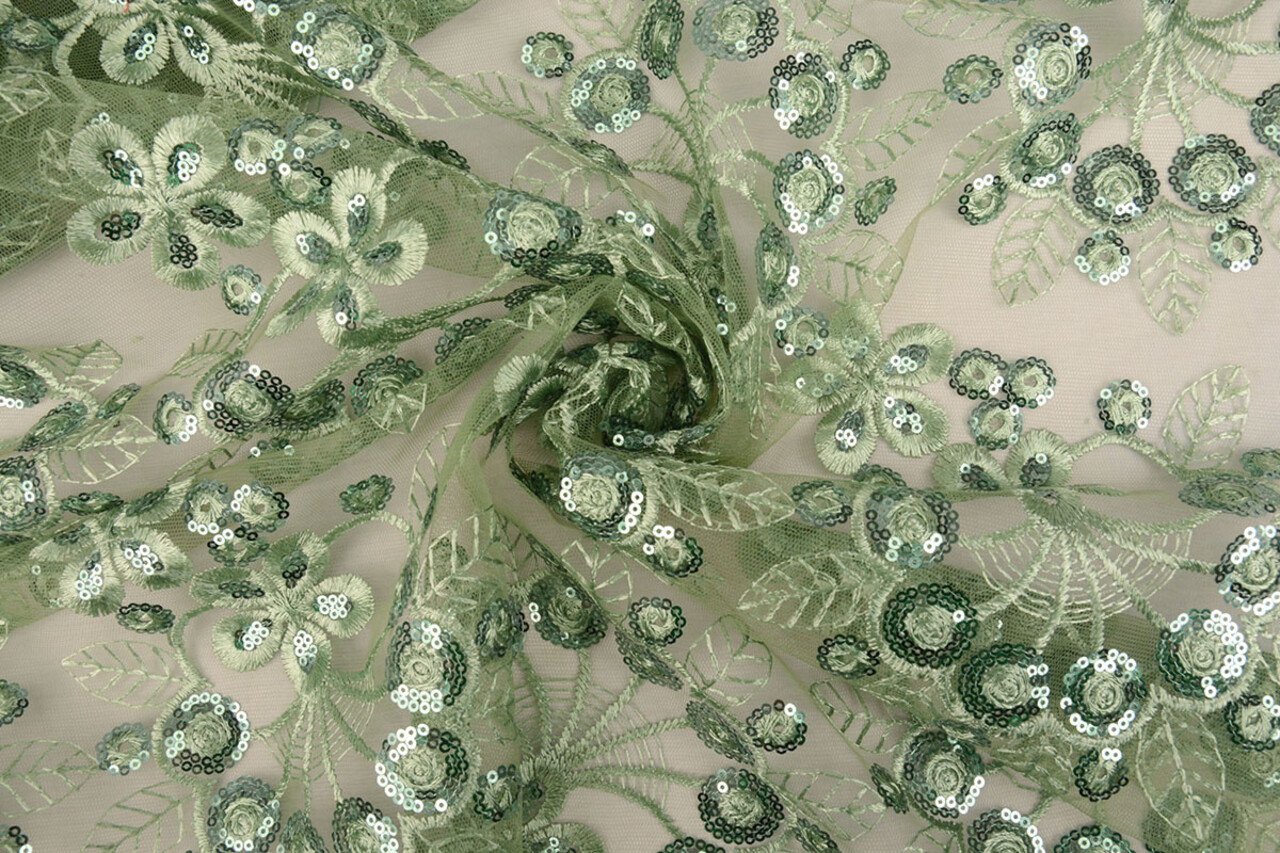 Mesh Geborduurd Pailletten Rosetta Oud Groen