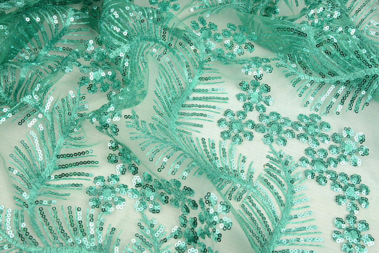 Mesh Ricamato Paillettes Lizanne Verde Mare Chiaro Mesh Ricamato Paillettes Lizanne Verde Mare Chiaro