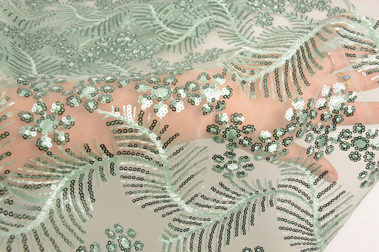 Mesh Embroidered Sequins Lizanne Light Old Green Mesh Embroidered Sequins Lizanne Light Old Green