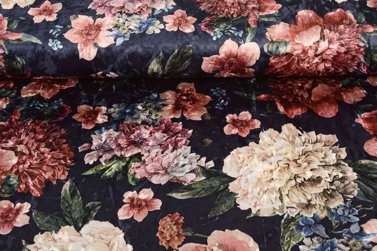 Velvet Printed Flowers Navy Blue Velvet Printed Flowers Navy Blue