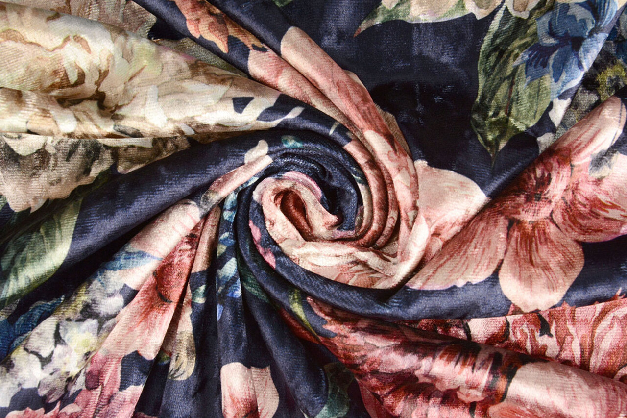 Velvet Printed Flowers Navy Blue Velvet Printed Flowers Navy Blue