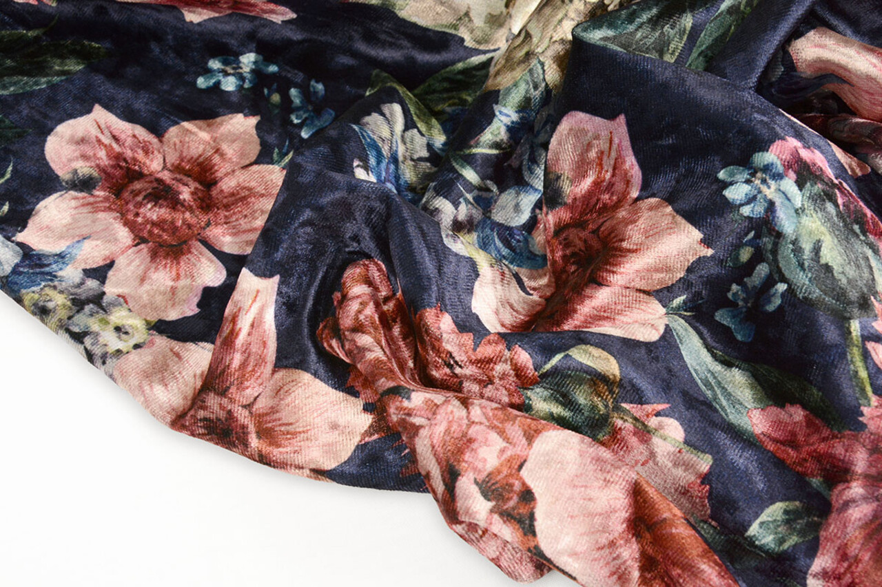 Velvet Printed Flowers Navy Blue Velvet Printed Flowers Navy Blue
