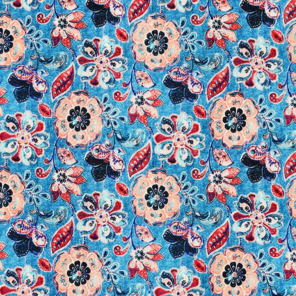 Viscose Linen Digital Fine Flowers Blue Viscose Linen Digital Fine Flowers Blue