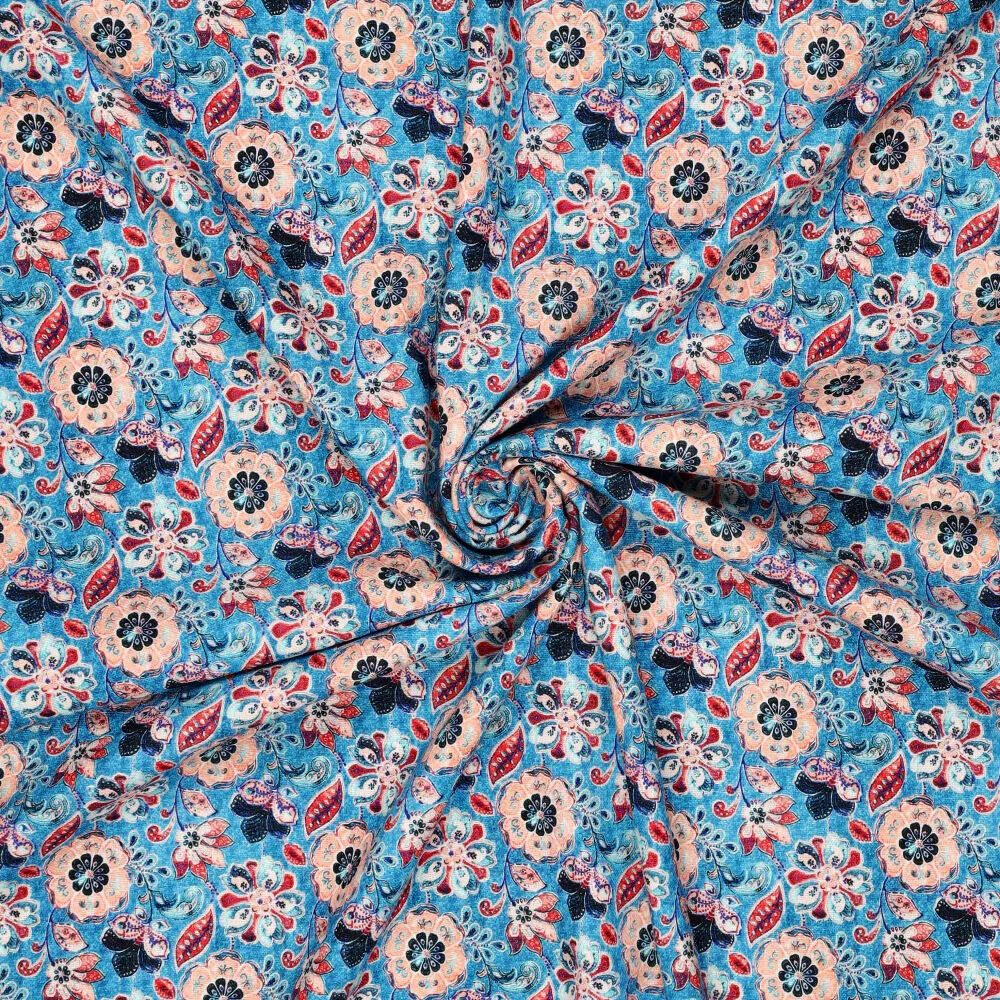 Viscose Linnen Digitaal Fine Flowers Blauw