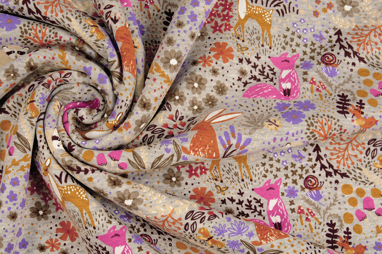 Oeko-Tex®  Sweatstoff Alpenfleece Forest Animals Grau Melange