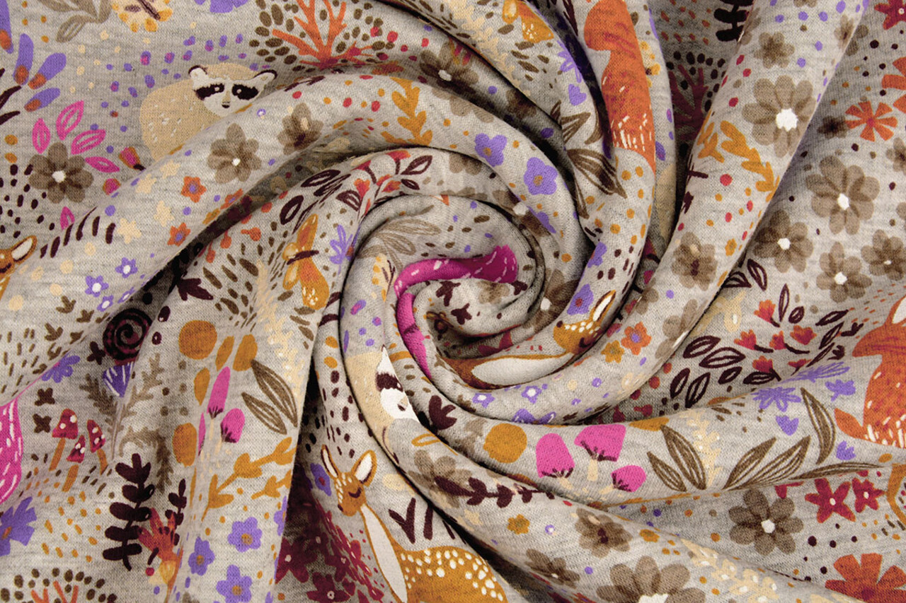 Oeko-Tex®  Sweatstoff Alpenfleece Forest Animals Grau Melange