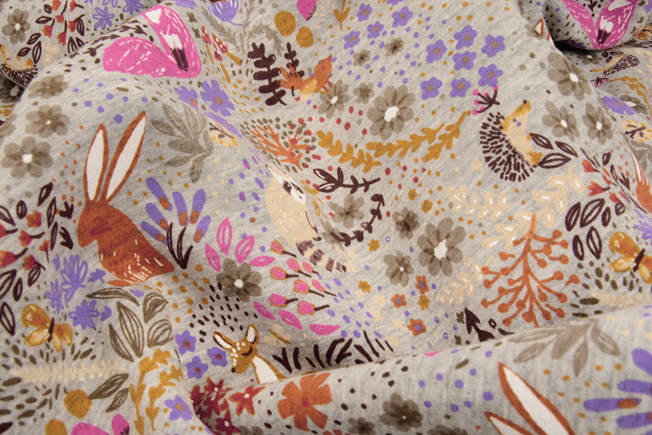 Oeko-Tex®  Sweatstoff Alpenfleece Forest Animals Grau Melange