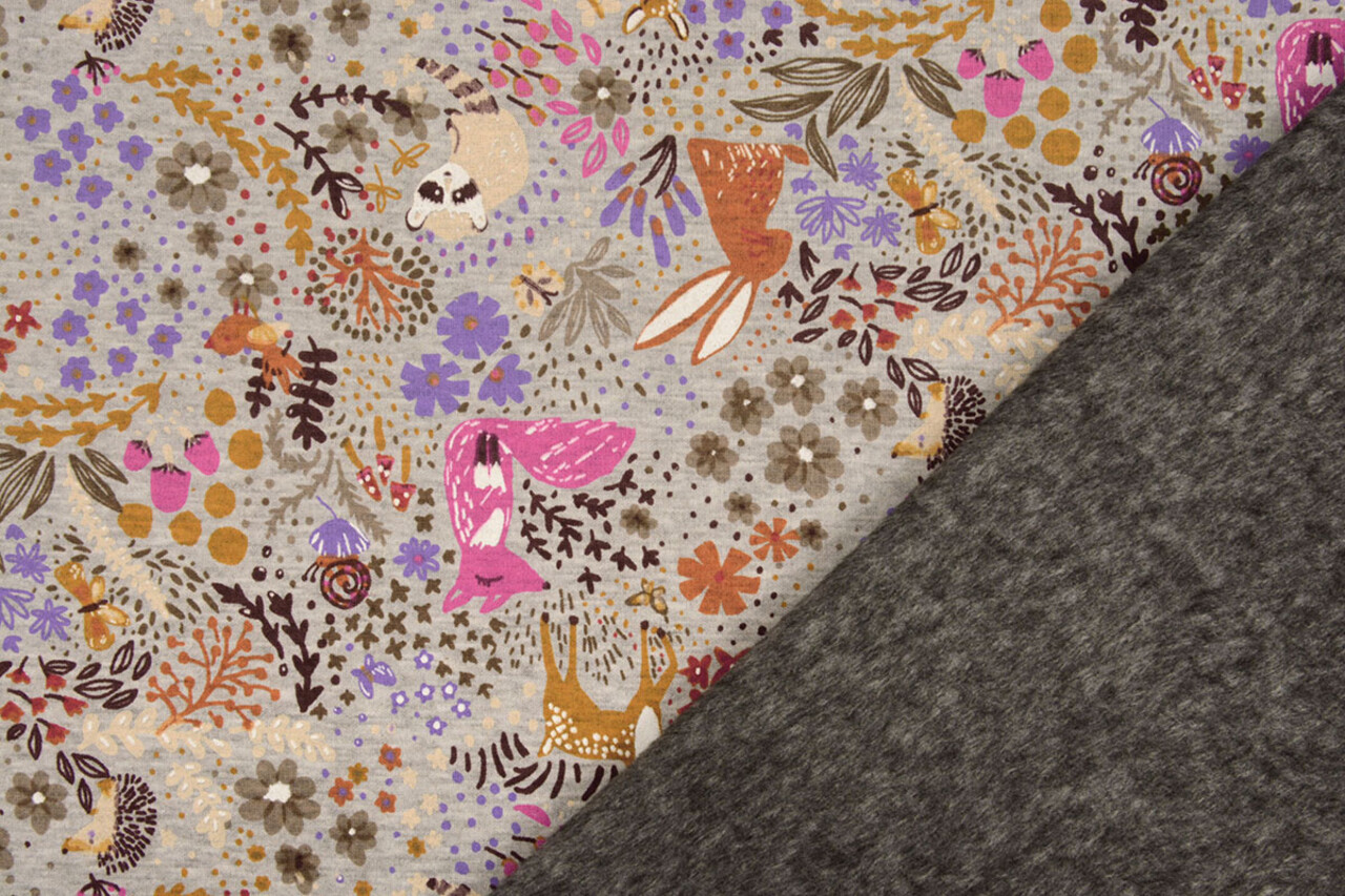 Oeko-Tex®  Sweatstoff Alpenfleece Forest Animals Grau Melange
