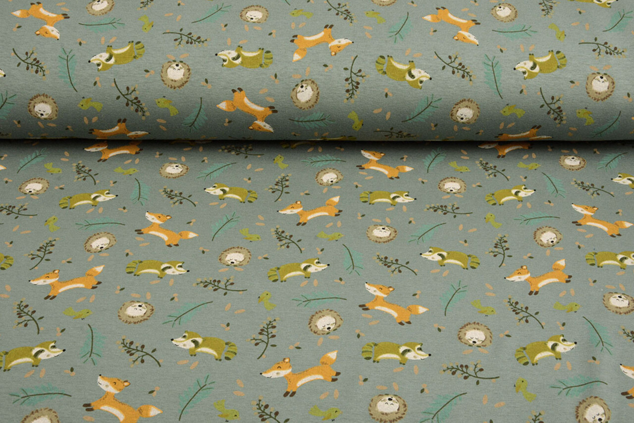 Oeko-Tex®  Sweatstoff Alpenfleece Fox and Friends Grün