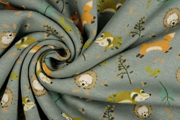 Oeko-Tex®  Sweatstoff Alpenfleece Fox and Friends Grün