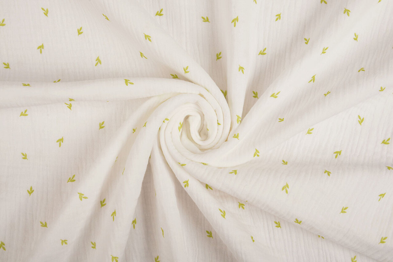 Oeko-Tex® Coton Double Gaze Tissu Mini Feuilles Blanc Oeko-Tex® Coton Double Gaze Tissu Mini Feuilles Blanc