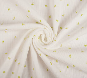 Oeko-Tex®  Coton Double Gaze Tissu Mini Feuilles Blanc