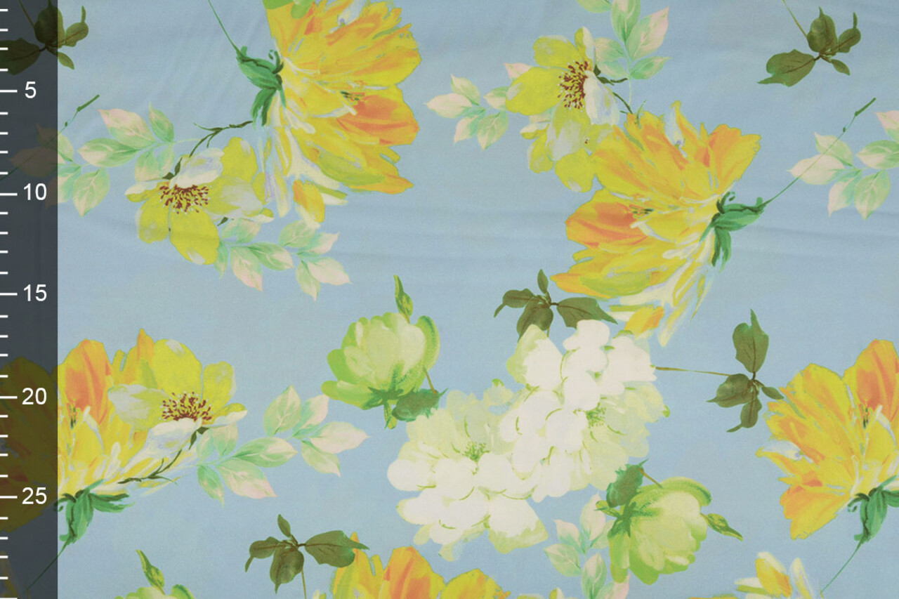 Oeko-Tex®  Stretch Satin Bedruckt Blume Lilian Blau