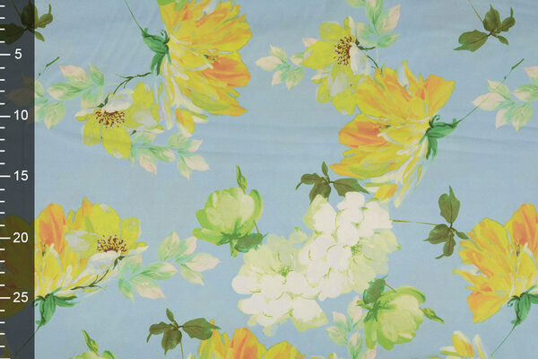 Oeko-Tex®  Stretch Satin Bedruckt Blume Lilian Blau