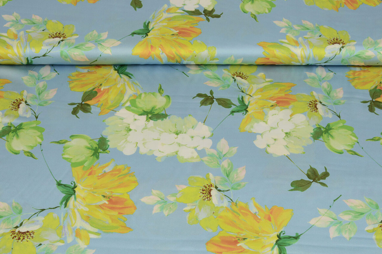 Oeko-Tex®  Stretch Satin Bedruckt Blume Lilian Blau