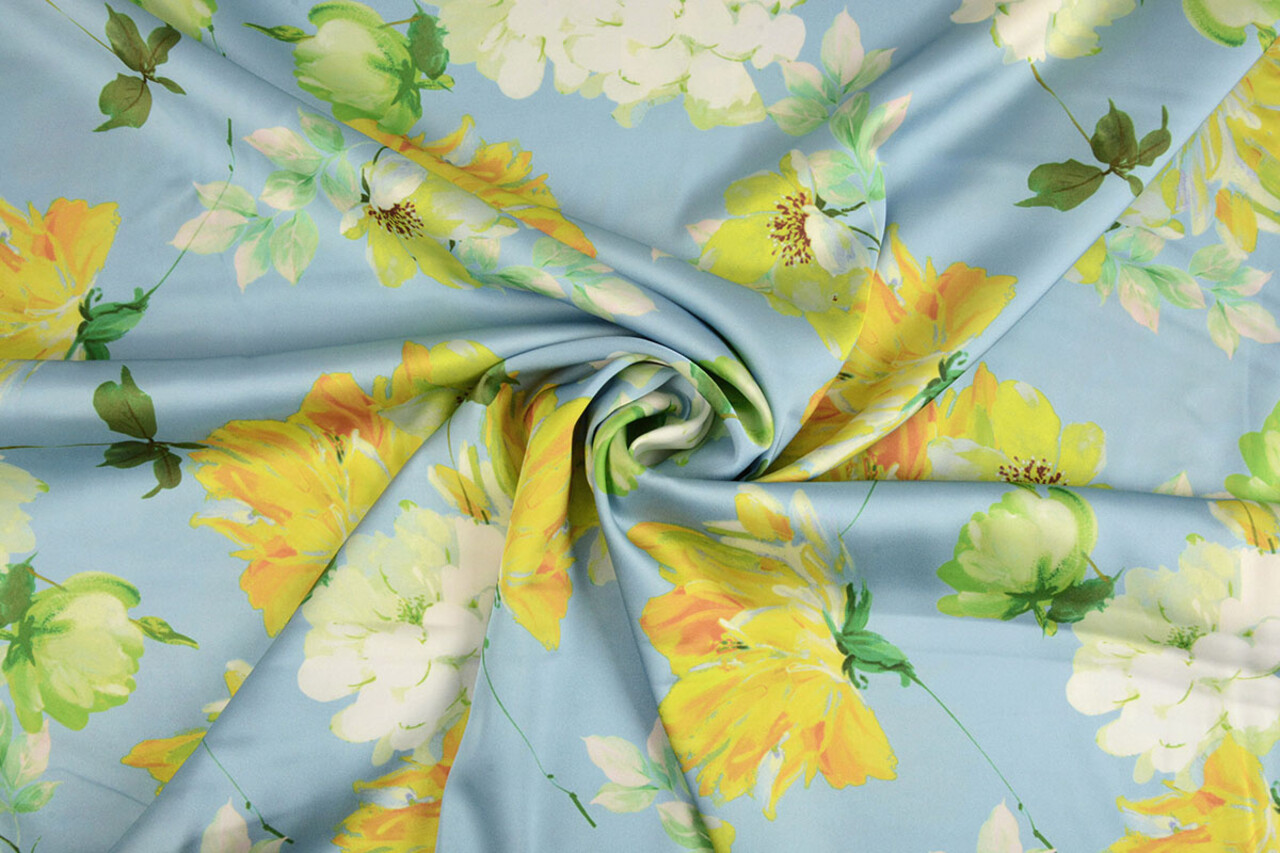 Oeko-Tex®  Stretch Satin Printed Flower Lilian Blue