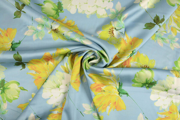 Oeko-Tex®  Stretch Satin Printed Flower Lilian Blue