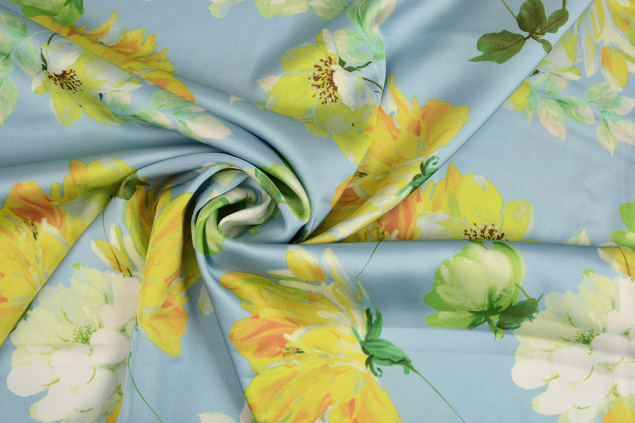 Oeko-Tex®  Stretch Satin Bedruckt Blume Lilian Blau