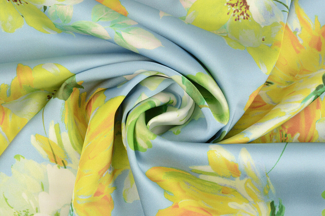 Oeko-Tex®  Stretch Satin Bedruckt Blume Lilian Blau