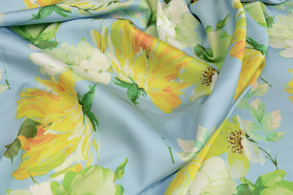 Oeko-Tex®  Stretch Satin Bedruckt Blume Lilian Blau