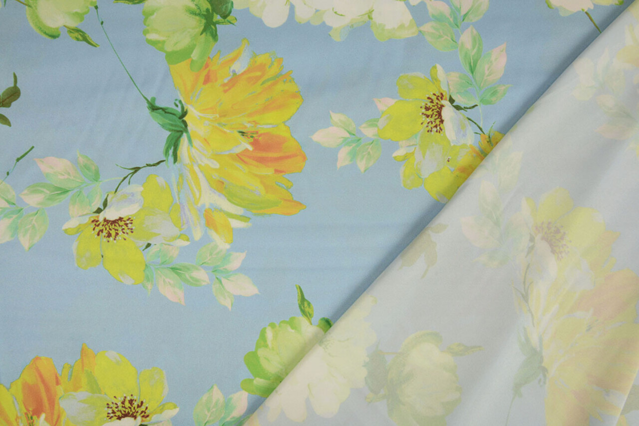 Oeko-Tex®  Stretch Satin Printed Flower Lilian Blue