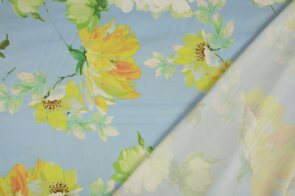 Oeko-Tex®  Stretch Satin Bedruckt Blume Lilian Blau